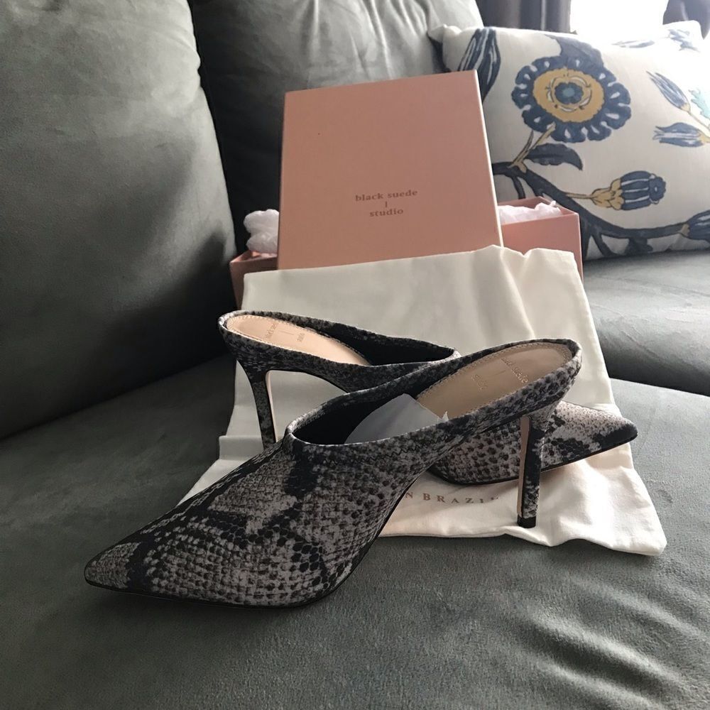 Black Suede Studio stiletto heel mules NIB snake embossed size 7 gorpcore - Picture 6 of 9